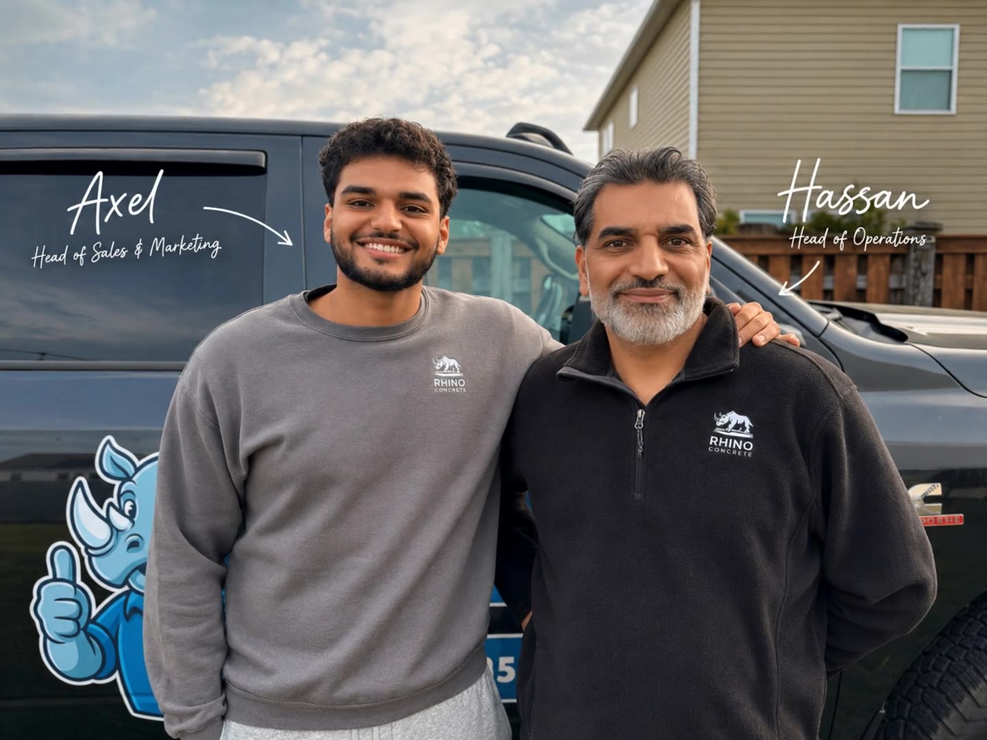 Meet the Rhino Concrete team: Axel, Head of Sales & Marketing, and Hassan, Head of Operations, in front of the company truck